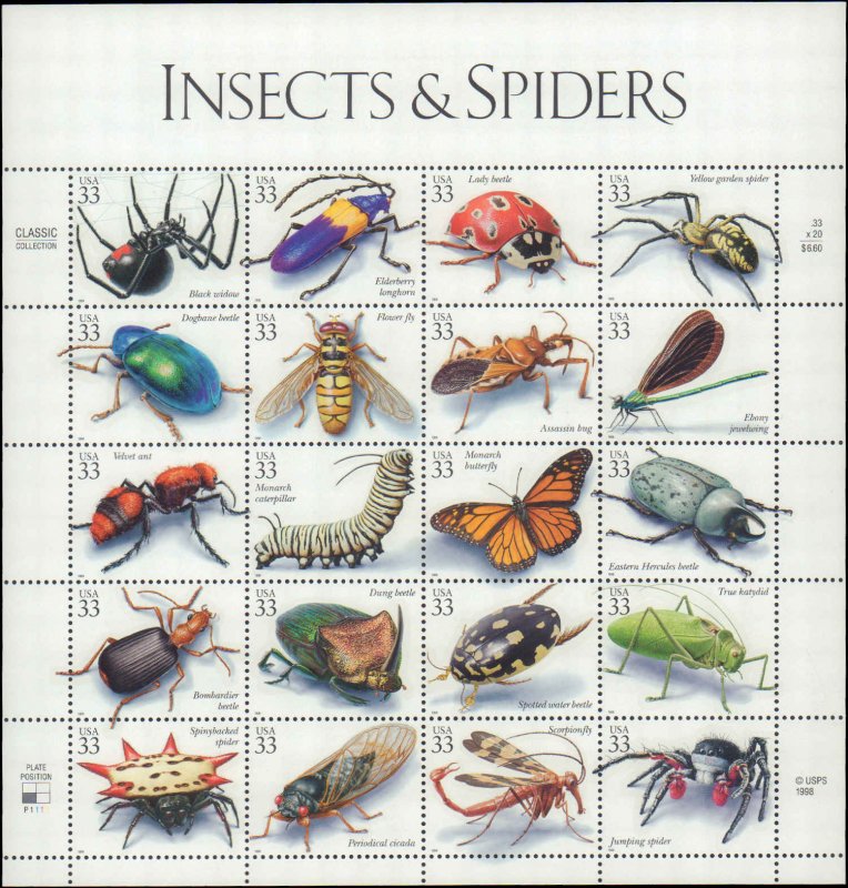 United States #3351, Complete Set, Pane of 20, 1999, Insects, Never Hinged