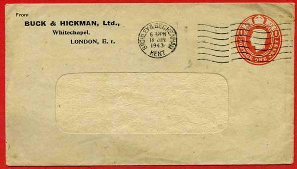 ES61 KGVI 1d Carmine Buck and Hickman Stamped to Order Envelope Size 95 x 165 Us