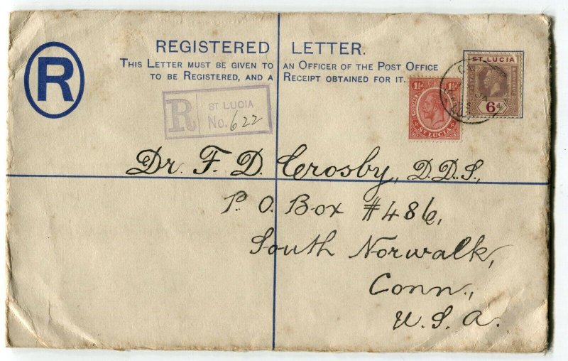 ST. LUCIA to USA Registered Letter Postage Cover Stationery 1925 Used