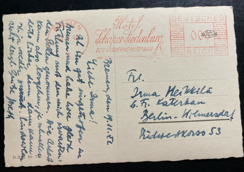 1942 Bremen Germany RPPC postcard Meter Cancel Cover To Berlin SS Europa