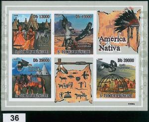 Sao Tome e Principe: ERROR, IMPERF SHEET: AMERICAN NATIVES, INDIANS, FAUNA, BIRD