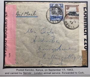 1943 Kericko Kenya British KUT Dual Censored Airmail Cover to Cork Ireland