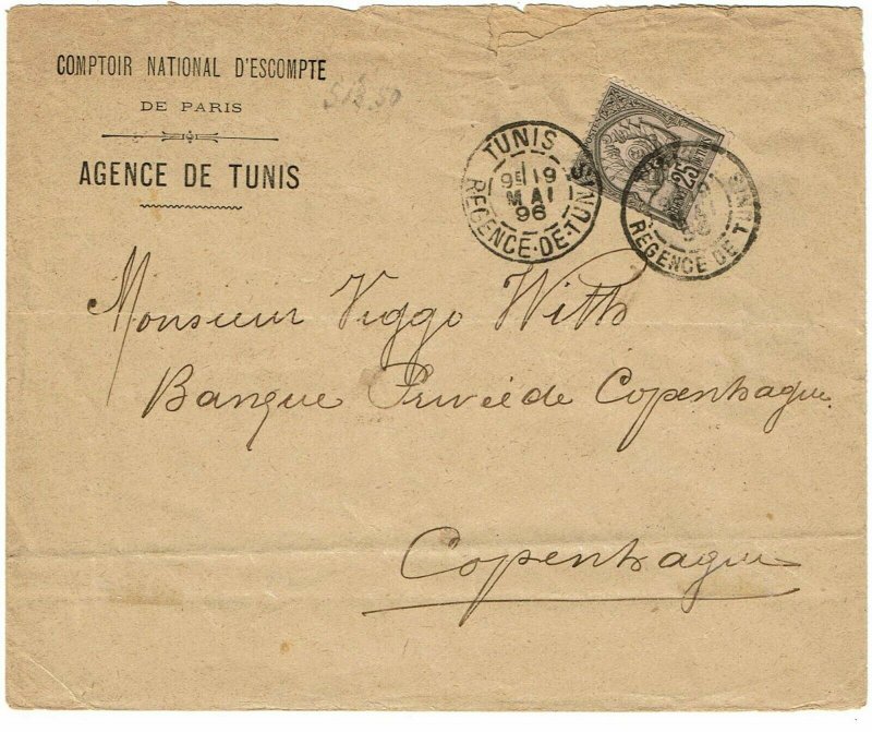 Tunisia 1896 Tunis cancel on cover to DENMARK, franked Scott 18, $160