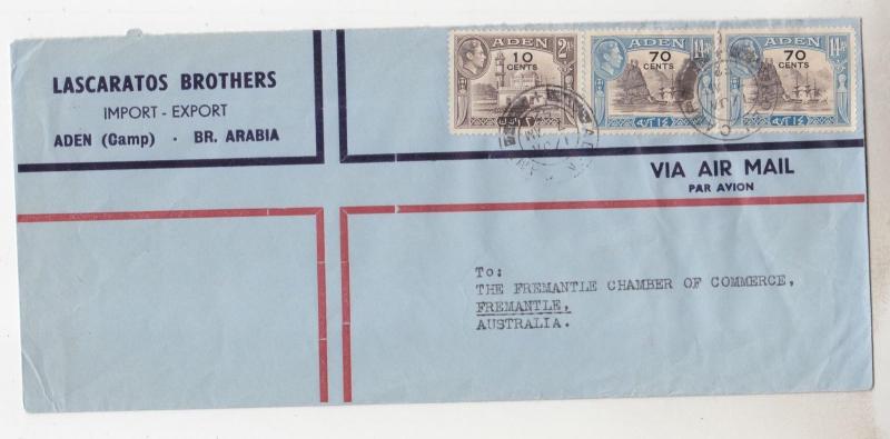 ADEN1952 New Currency 10c & 70c pair Aden Camp to Fremantle Western Australia