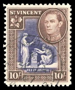 St Vincent 1947 KGVI 10s WATERMARK INVERTED superb used. Rare. SG 158aw.