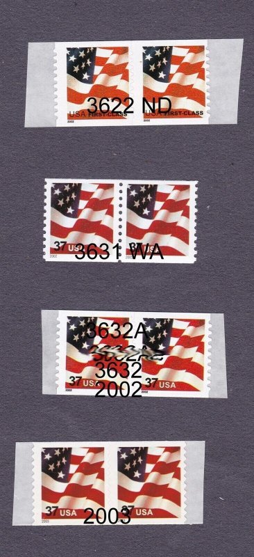 Pairs 37c Flag US 3622 (1), 3631 (1), 3632 (3) 3633 (2) Lot 7 MNH F-VF