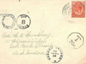 South Africa WW1 UNDERPAID TRANSATLANTIC Super Censor Cover to USA 1918 D219
