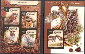 Djibouti 2016 Birds Owls (2) Sheet + S/S MNH