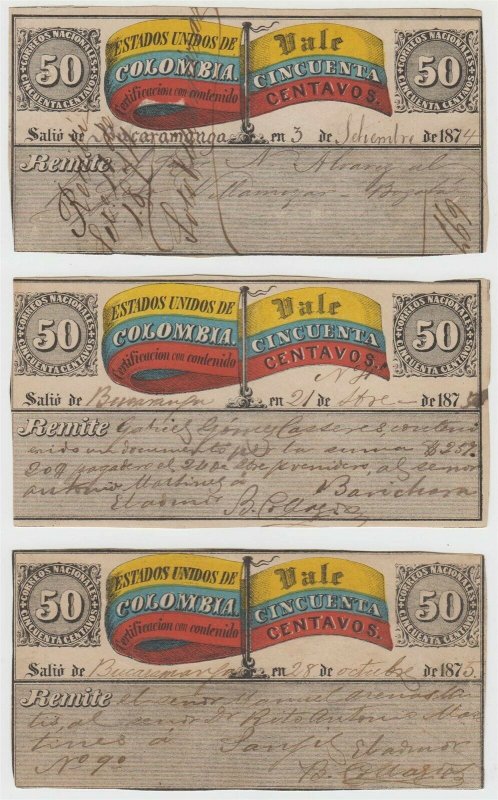 COLOMBIA 1870 INSURED LETTER STAMPS Sc G4 SIX CUBIERTAS SHADES USED SCV$150.00+ 