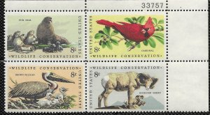 US #1464-1467 plate block. Wildlife - Seal, Cardinal, Pelican, Bighorn Sheep.
