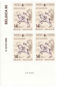 Belgium 1990 Sc 1332 MNH Block of 4 The Young Post Rider Philatelic History