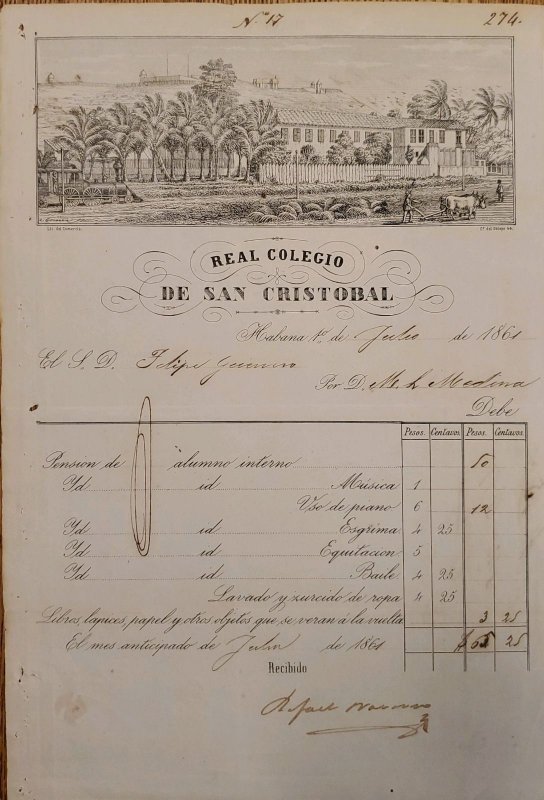 O) 1861 CUBA, SCHOOL COLLECTION ACCOUNT - SUBJECTS, ROYAL COLLEGE OF SAN CRISTOB