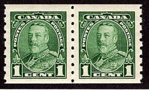 Scott 228 Coil Pair, 1c, KGV Pictorial, MNHOG, VF, 1935, Canada Postage Stamp