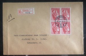 1943 Odense Denmark Registered Cover To Copenhagen Complete Block