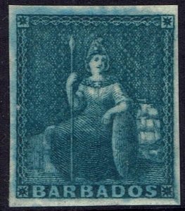 BARBADOS 1852 BRITANNIA (1D) DEEP BLUE ON BLUED PAPER IMPERF