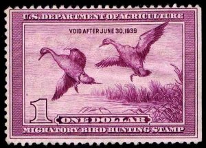 US.#RW5 MINT FEDERAL DUCK STAMP OF 1938 - OG-H - FINE - CV $100.00 (ESP#0656)