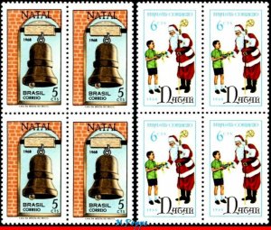 1110-11 BRAZIL 1968 CHRISTMAS, SANTA CLAUS AND BELL, RELIGION C-623 BLOCKS MNH