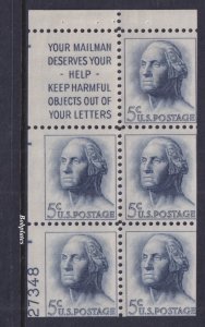 BOBPLATES #1213a Washington Booklet Pane Lower Left  27348 100% MintNH DCV=$50
