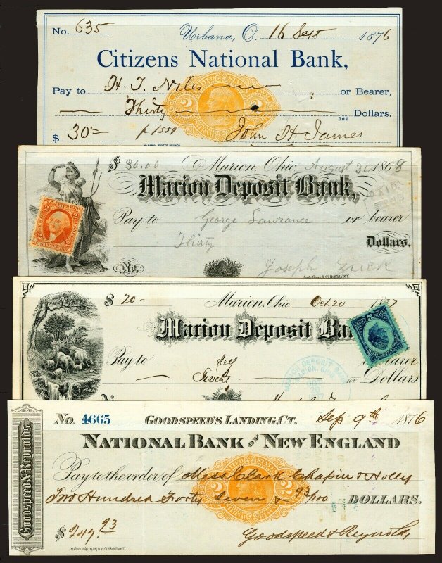 #R15, #R152, #RN-F1 1868-1876 Revenue Stamped Bank Checks