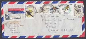 Sri Lanka, 1988 Registered Air Mail Cover with 5 Bird stamps to Canada