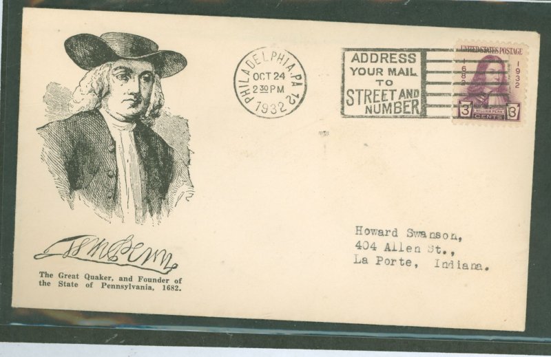 US 724 1932 3c William Penn on an addressed (typed) FDC with a Philadelphia PA cancel and a Stoutzenberg cachet