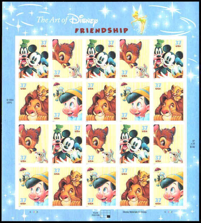 Disney Friendship 37¢ Sheet of 20 Stamps Sc 3865 - 3868 MNH