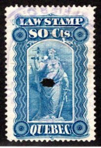 van Dam QL41, 80c blue, Used, Quebec Law Revenue Stamp, 1893-1906, Canada