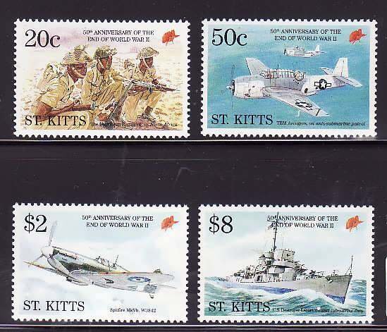 St. Kitts-Sc#389-92- id7-unsed NH set-Planes-Ships-WWII end-1995-