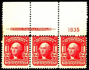 U.S. #319 MINT PL# STRIP OF 3 OG HR