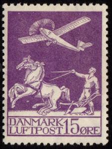 Denmark - Scott #C2 Mint Airmail (Airplane and Farmer with Horses)