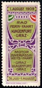 1909 Austria Poster Stamp Long Distance Bike Ride. Engine Reliability Trip