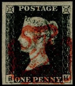 SG2, 1d black PLATE 4, FINE USED. Cat £400. RED MX. 4 MARGINS. RH