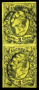 German States, Saxony #12 (Mi. 11), 1855 3ng black on yellow, vertical pair, ...