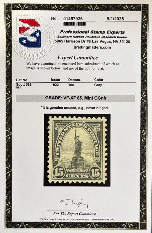 US #566 MINT OG NH VF/XF w/PSE Cert graded 85