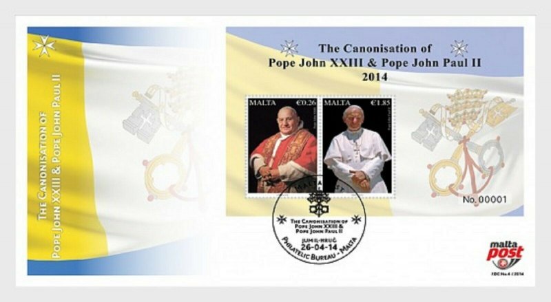 2014 MALTA - CANONISATION OF POPE JOHN PAUL II  & POPE JOHN XX111 - M/S ON FDC 