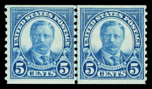 Scott 602 1924 5c Roosevelt Coil Issue Mint Joint Line Pair F-VF NH Cat $22.50