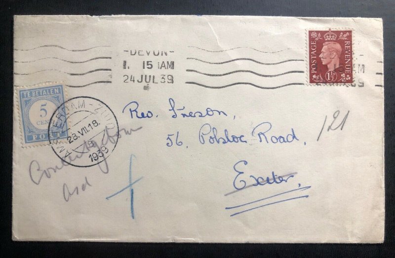 1939 Devon England Postage Due Cover To Amsterdam Netherlands