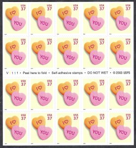 United States #3833a 37¢ I Love You (2004). Pane of 20. MNH