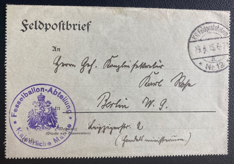 1915 Germany Navy captive balloon department Sheet Cover To Berlin