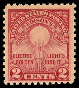 US Sc 654 MNH - 1929 2¢ - Edison's First Lamp - Flate Press, Perf 11