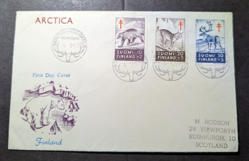 1957 Finland First Day Cover FDC Napapiiri Polcirkeln to Edinburgh Scotland