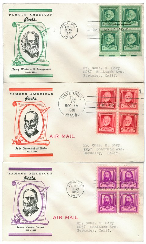 Scott 864,865,866 1940 1c-3c Famous Americans First Day Covers Cat $10.00