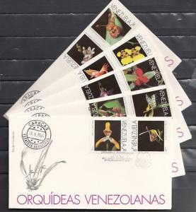 Venezuela, Scott cat. 1534 A-J. Orchids issue on 5 First day Covers. ^