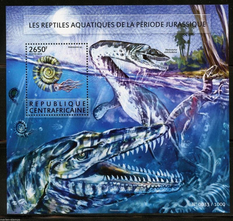 CENTRAL AFRICA 2015 AQUATIC PERHISTORIC REPTILES SOUVENIR SHEET MINT NH