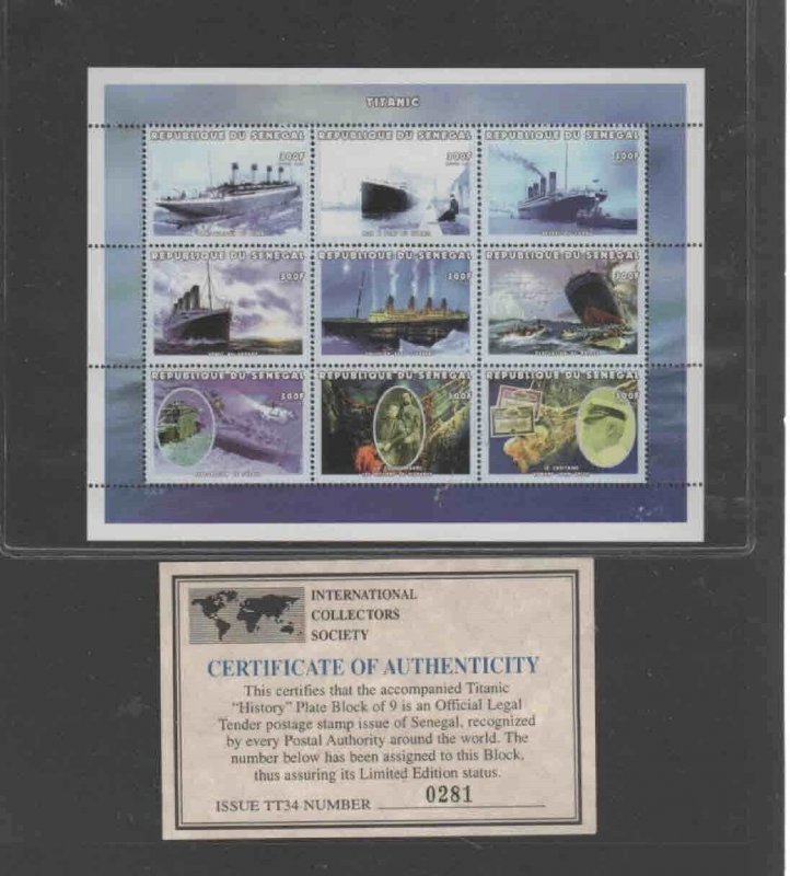 SENEGAL #1386 1999 TITANIC MINT VF NH O.G SHT9 W/CERT. aa 