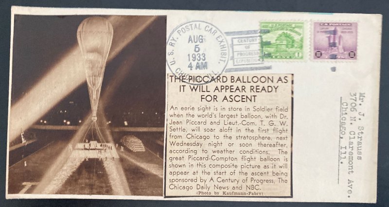 1933 Chicago iL USA Piccard Balloon Stratosphere Flight Airmail Cover Century