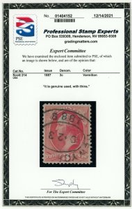 US Stamp #214 Washington 3c - PSE Cert - USED  