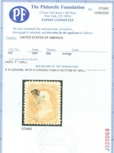 USA #100 Used Fine F Grill - Well Hidden Thin **With Certificate**