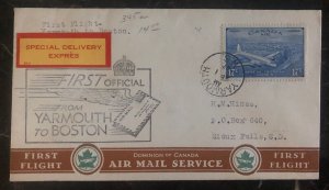 1947 Yarmouth Canada First Flight Airmail Cover FFC To Boston Ma USA