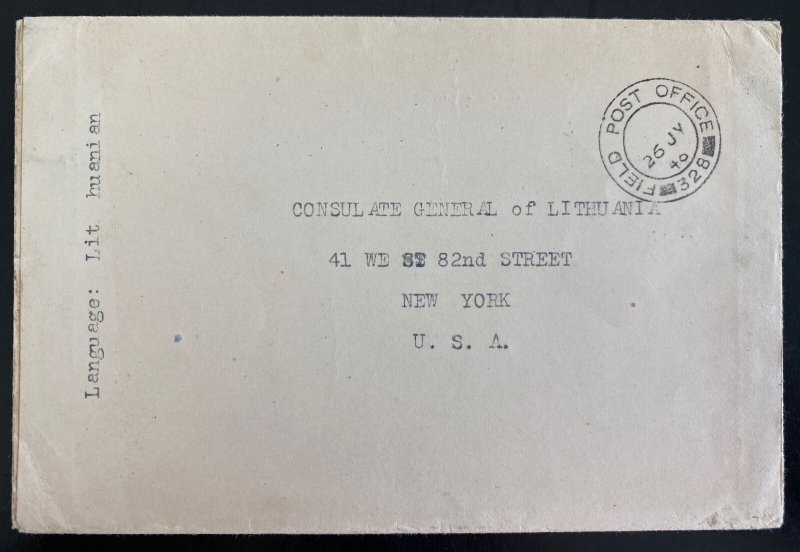 1948 England Field Post Office Cover To Consulate Of Lithuania New York USA 